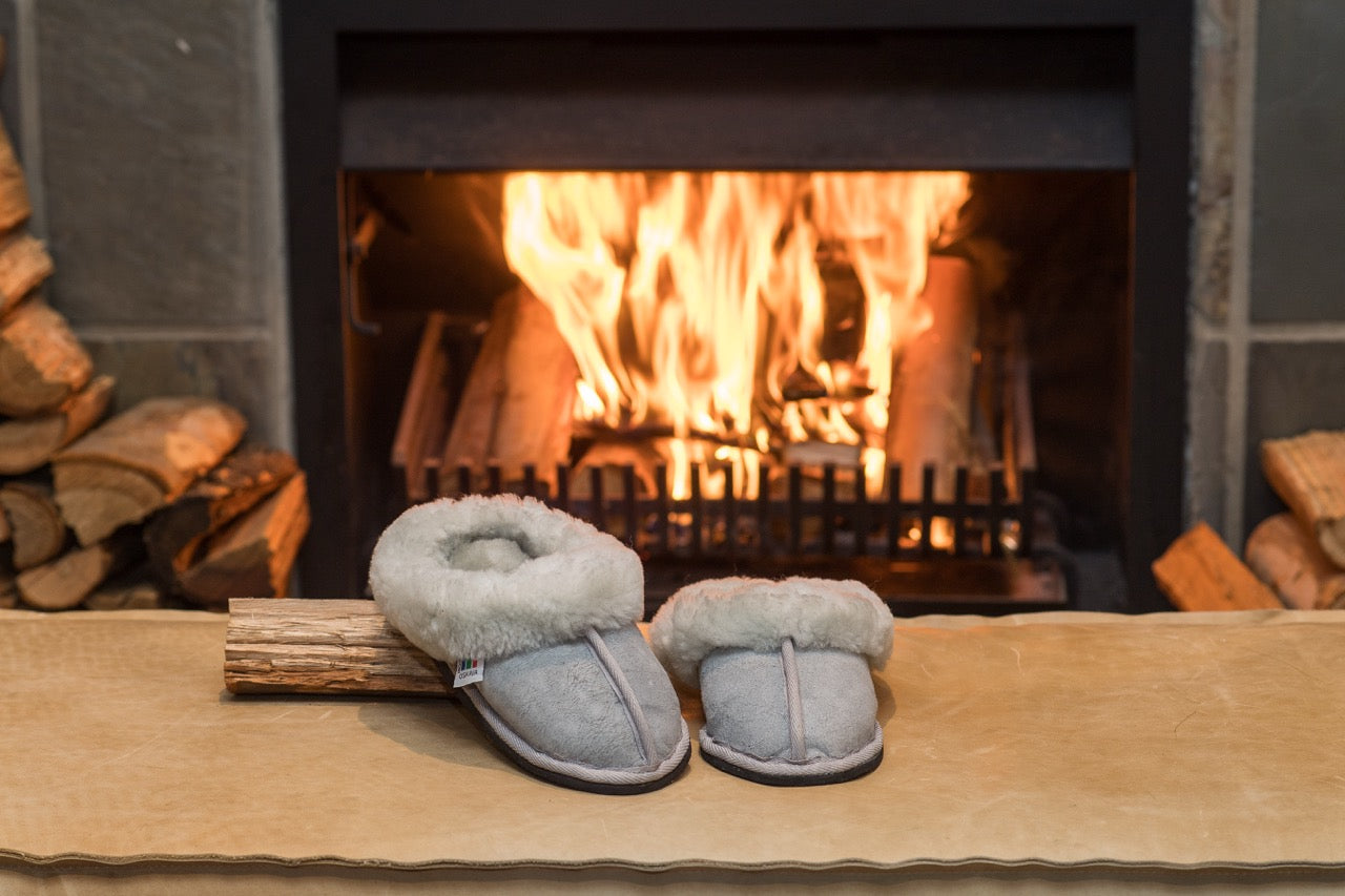 Oskava gray deluxe genuine sheepskin slip-on slippers