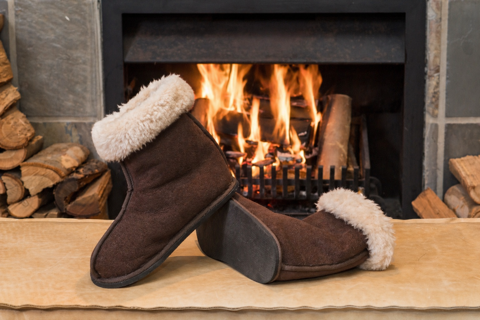Oskava Fugglys brown genuine sheepskin high boots