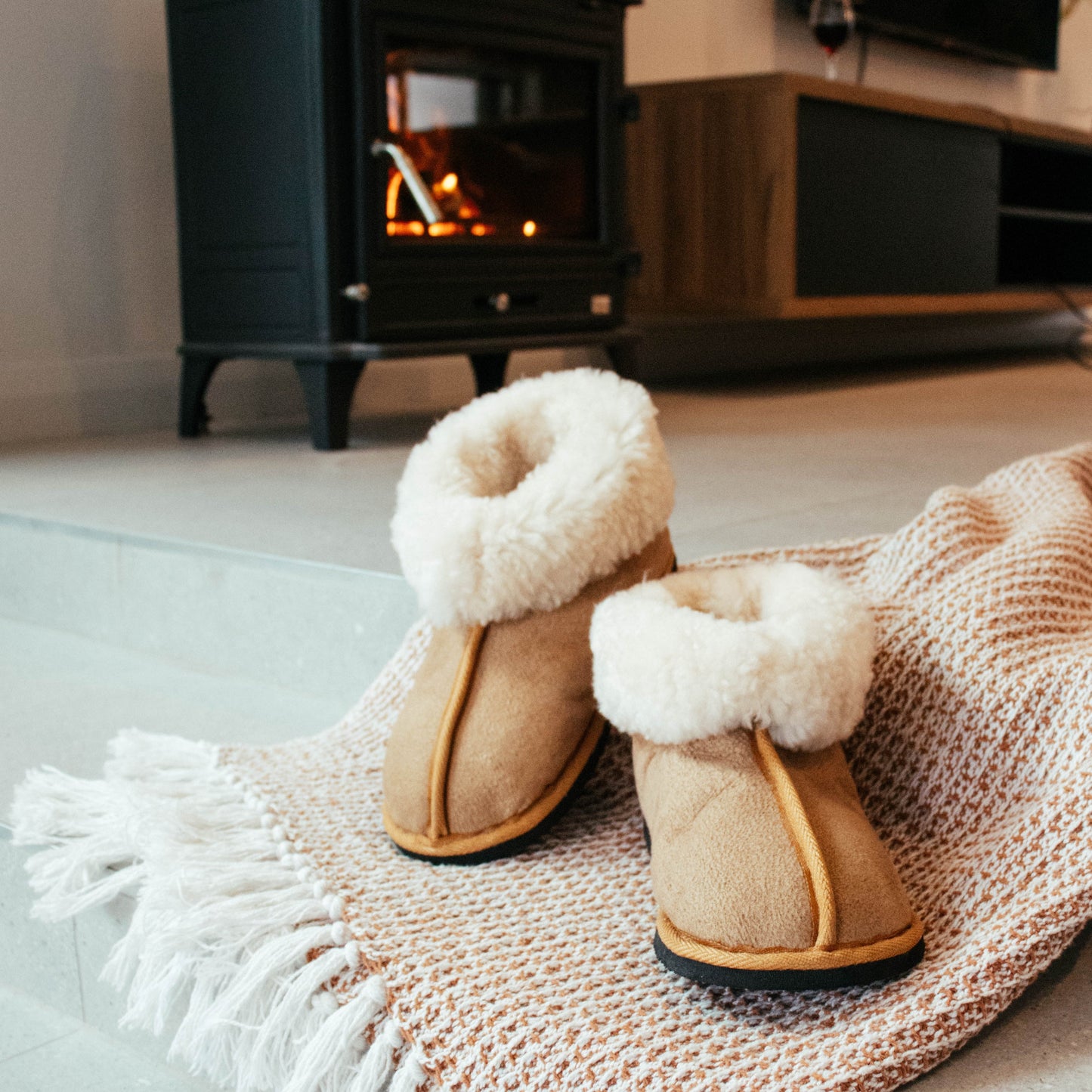 Oskava tan genuine sheepskin slipper booties